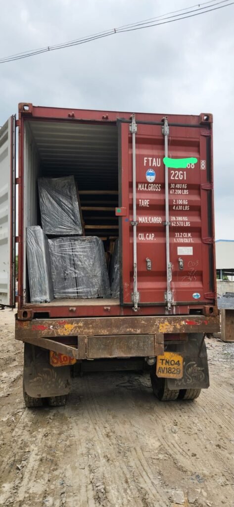 Export-Ready Container with Securely Packed Stone Slabs